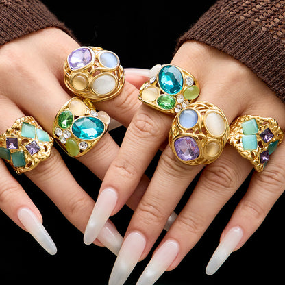 316L Stainless Steel 18K Gold PVD Vintage Filigree Cat's Eye Ring - Vintage Gold Ring, Filigree Design, Cat's Eye Stone Wholesale Stainless Steel Jewelry - Sensitive Skin Friendly - Detail 19
