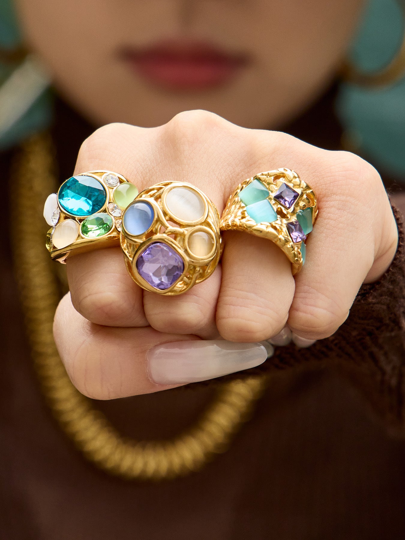 316L Stainless Steel 18K Gold PVD Vintage Filigree Cat's Eye Ring - Vintage Gold Ring, Filigree Design, Cat's Eye Stone Wholesale Stainless Steel Jewelry - Sensitive Skin Friendly - Detail 20
