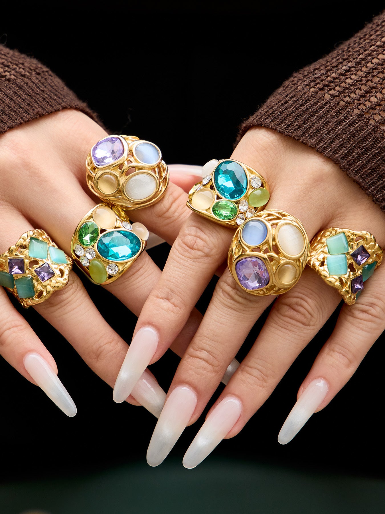 316L Stainless Steel 18K Gold PVD Vintage Filigree Cat's Eye Ring - Vintage Gold Ring, Filigree Design, Cat's Eye Stone Wholesale Stainless Steel Jewelry - Sensitive Skin Friendly - Detail 22