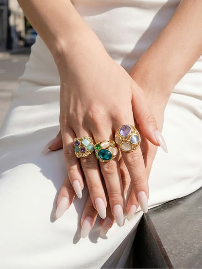 316L Stainless Steel 18K Gold PVD Vintage Filigree Cat's Eye Ring - Vintage Gold Ring, Filigree Design, Cat's Eye Stone Wholesale Stainless Steel Jewelry - Sensitive Skin Friendly - Detail 6