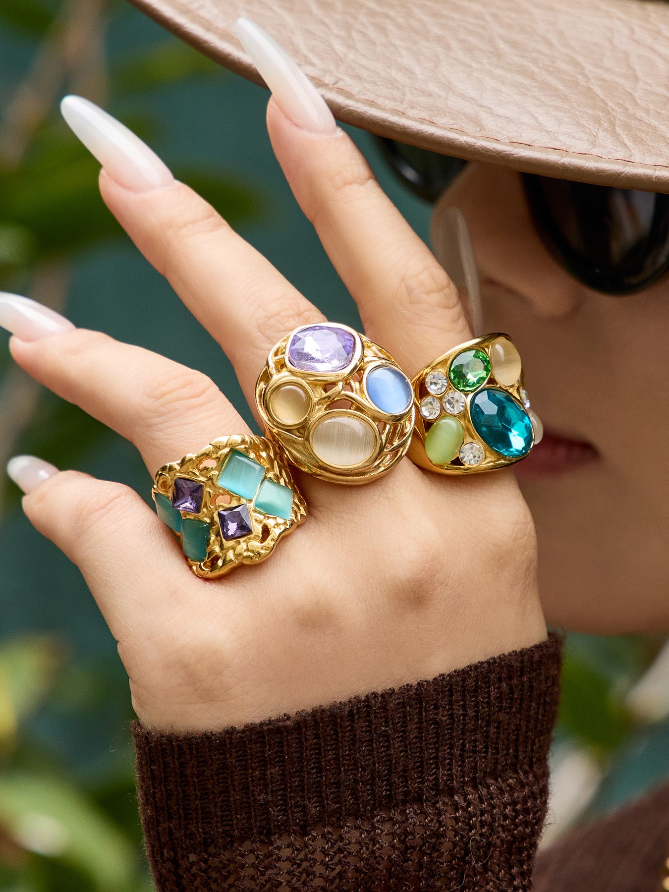 316L Stainless Steel 18K Gold PVD Vintage Filigree Cat's Eye Ring - Vintage Gold Ring, Filigree Design, Cat's Eye Stone Wholesale Stainless Steel Jewelry - Sensitive Skin Friendly - Detail 7