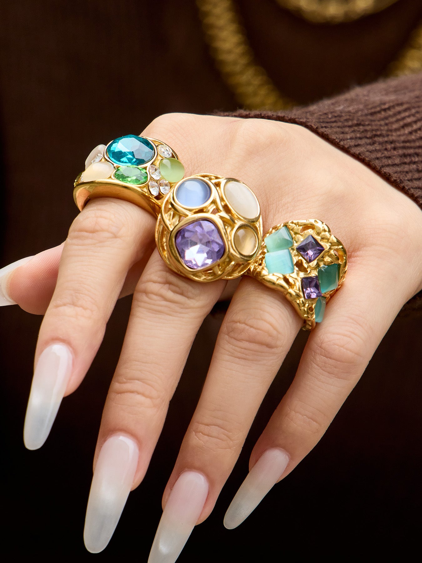 316L Stainless Steel 18K Gold PVD Vintage Filigree Cat's Eye Ring - Vintage Gold Ring, Filigree Design, Cat's Eye Stone Wholesale Stainless Steel Jewelry - Sensitive Skin Friendly - Detail 9
