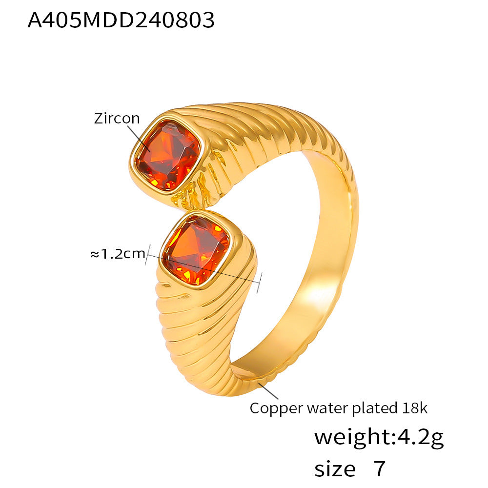 316L Stainless Steel 18K Gold PVD Vintage Geometric Red Zircon Open Ring - Vintage Gold Geometric Red Zircon Open Ring Wholesale Stainless Steel Jewelry - Sensitive Skin Friendly - Detail 1