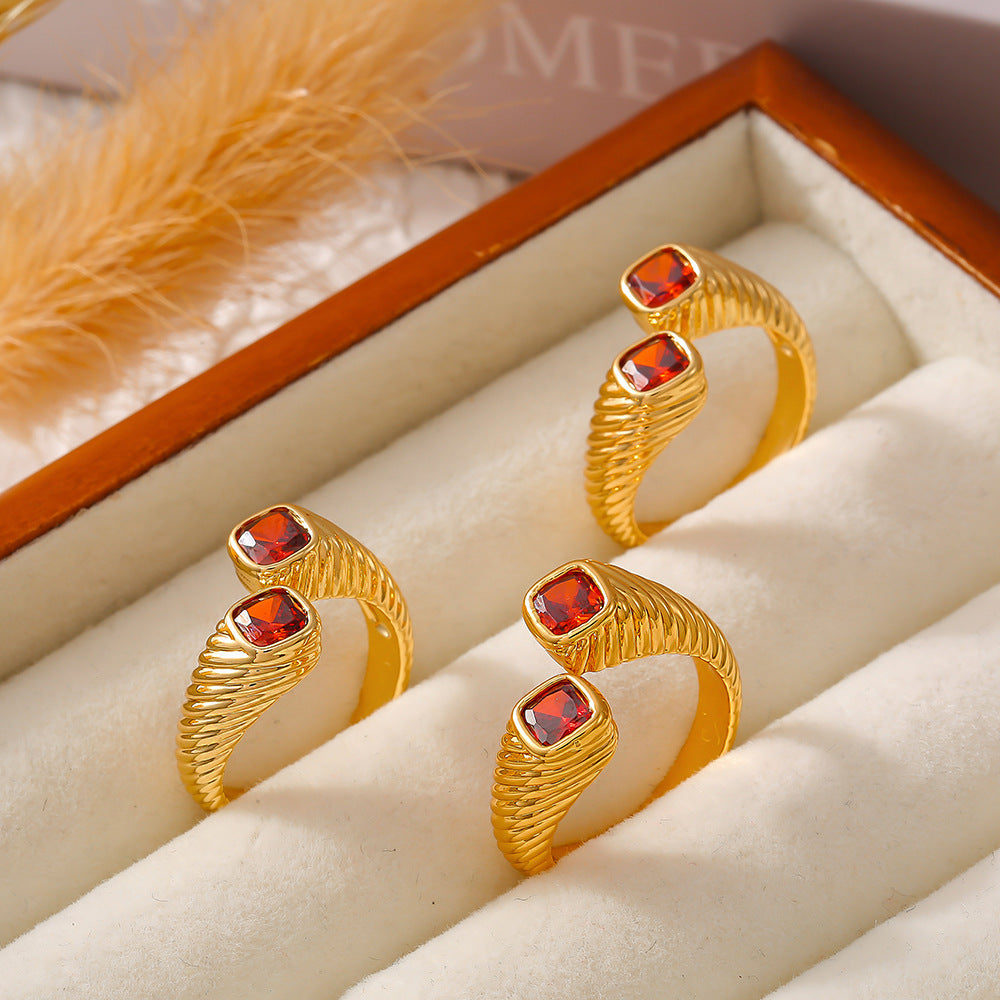 316L Stainless Steel 18K Gold PVD Vintage Geometric Red Zircon Open Ring - Vintage Gold Geometric Red Zircon Open Ring Wholesale Stainless Steel Jewelry - Sensitive Skin Friendly - Detail 2