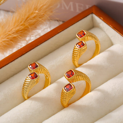 316L Stainless Steel 18K Gold PVD Vintage Geometric Red Zircon Open Ring - Vintage Gold Geometric Red Zircon Open Ring Wholesale Stainless Steel Jewelry - Sensitive Skin Friendly - Detail 2