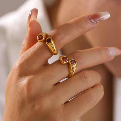 316L Stainless Steel 18K Gold PVD Vintage Geometric Red Zircon Open Ring - Vintage Gold Geometric Red Zircon Open Ring Wholesale Stainless Steel Jewelry - Sensitive Skin Friendly - Detail 4