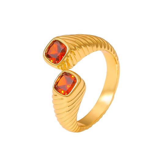 316L Stainless Steel 18K Gold PVD Vintage Geometric Red Zircon Open Ring - Vintage Gold Geometric Red Zircon Open Ring Wholesale Stainless Steel Jewelry - Sensitive Skin Friendly - Detail 5