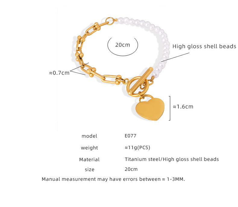 316L Stainless Steel 18K Gold PVD Vintage Heart Charm Shell Pearl Bracelet - Vintage Heart Charm, Shell Pearl, Link Chain Bracelet, Gold, Steel Wholesale Stainless Steel Jewelry - Sensitive Skin Friendly - Detail 3