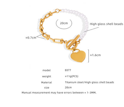 316L Stainless Steel 18K Gold PVD Vintage Heart Charm Shell Pearl Bracelet - Vintage Heart Charm, Shell Pearl, Link Chain Bracelet, Gold, Steel Wholesale Stainless Steel Jewelry - Sensitive Skin Friendly - Detail 3