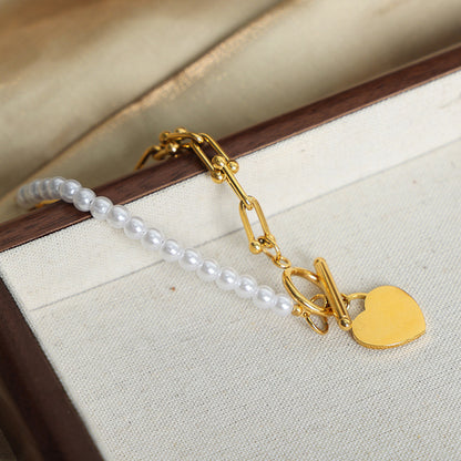 316L Stainless Steel 18K Gold PVD Vintage Heart Charm Shell Pearl Bracelet - Vintage Heart Charm, Shell Pearl, Link Chain Bracelet, Gold, Steel Wholesale Stainless Steel Jewelry - Sensitive Skin Friendly - Detail 5