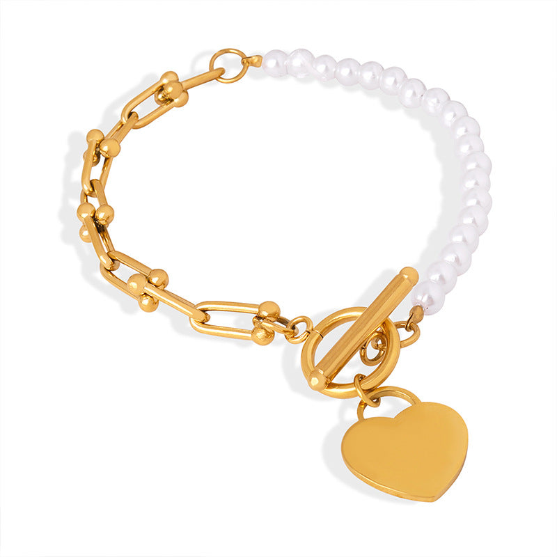 316L Stainless Steel 18K Gold PVD Vintage Heart Charm Shell Pearl Bracelet - Vintage Heart Charm, Shell Pearl, Link Chain Bracelet, Gold, Steel Wholesale Stainless Steel Jewelry - Sensitive Skin Friendly - Detail 7