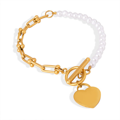 316L Stainless Steel 18K Gold PVD Vintage Heart Charm Shell Pearl Bracelet - Vintage Heart Charm, Shell Pearl, Link Chain Bracelet, Gold, Steel Wholesale Stainless Steel Jewelry - Sensitive Skin Friendly - Detail 7