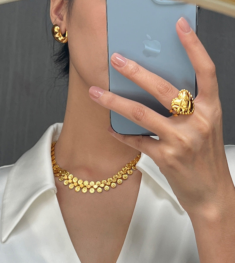 316L Stainless Steel 18K Gold PVD Vintage-Inspired Medallion Spliced Bracelet Necklace Set - Vintage Medallion Spliced Design Wholesale Stainless Steel Jewelry - Sensitive Skin Friendly - Detail 11