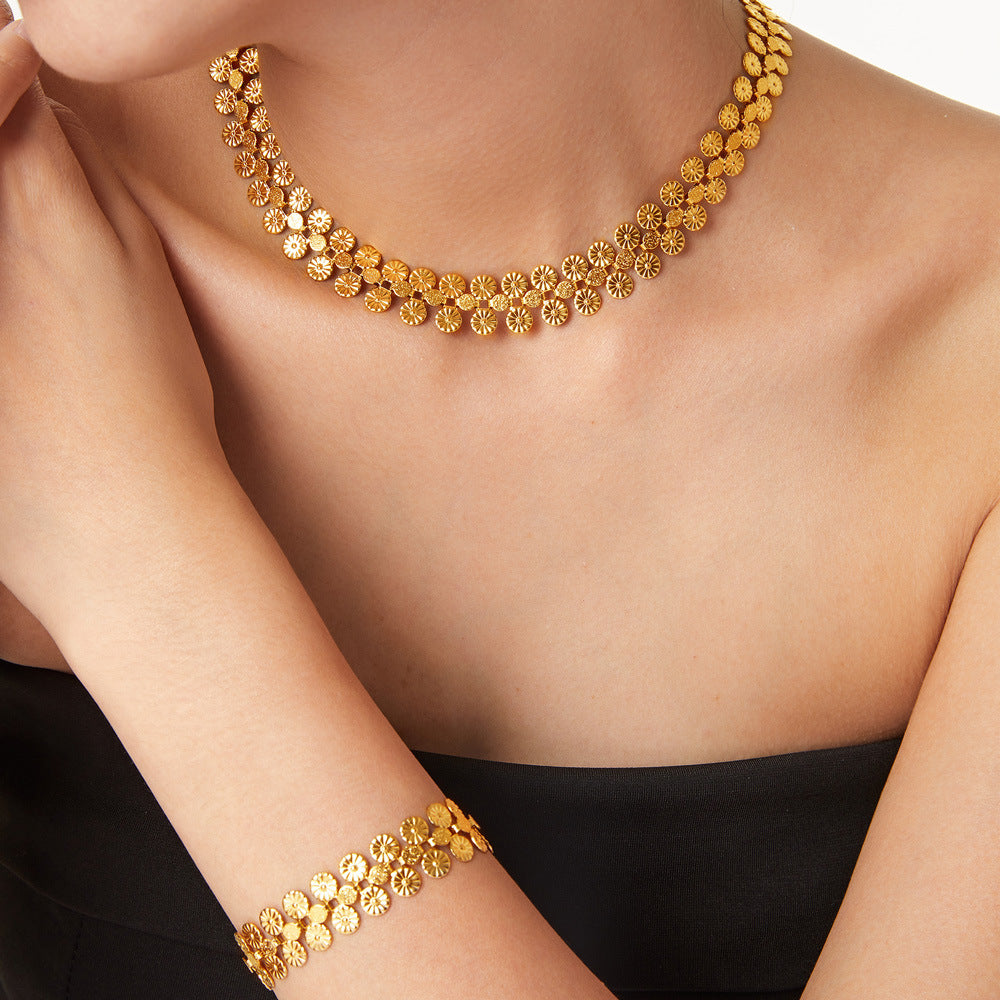 316L Stainless Steel 18K Gold PVD Vintage-Inspired Medallion Spliced Bracelet Necklace Set - Vintage Medallion Spliced Design Wholesale Stainless Steel Jewelry - Sensitive Skin Friendly - Detail 12