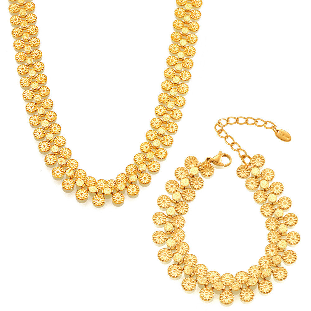 316L Stainless Steel 18K Gold PVD Vintage-Inspired Medallion Spliced Bracelet Necklace Set - Vintage Medallion Spliced Design Wholesale Stainless Steel Jewelry - Sensitive Skin Friendly - Detail 4