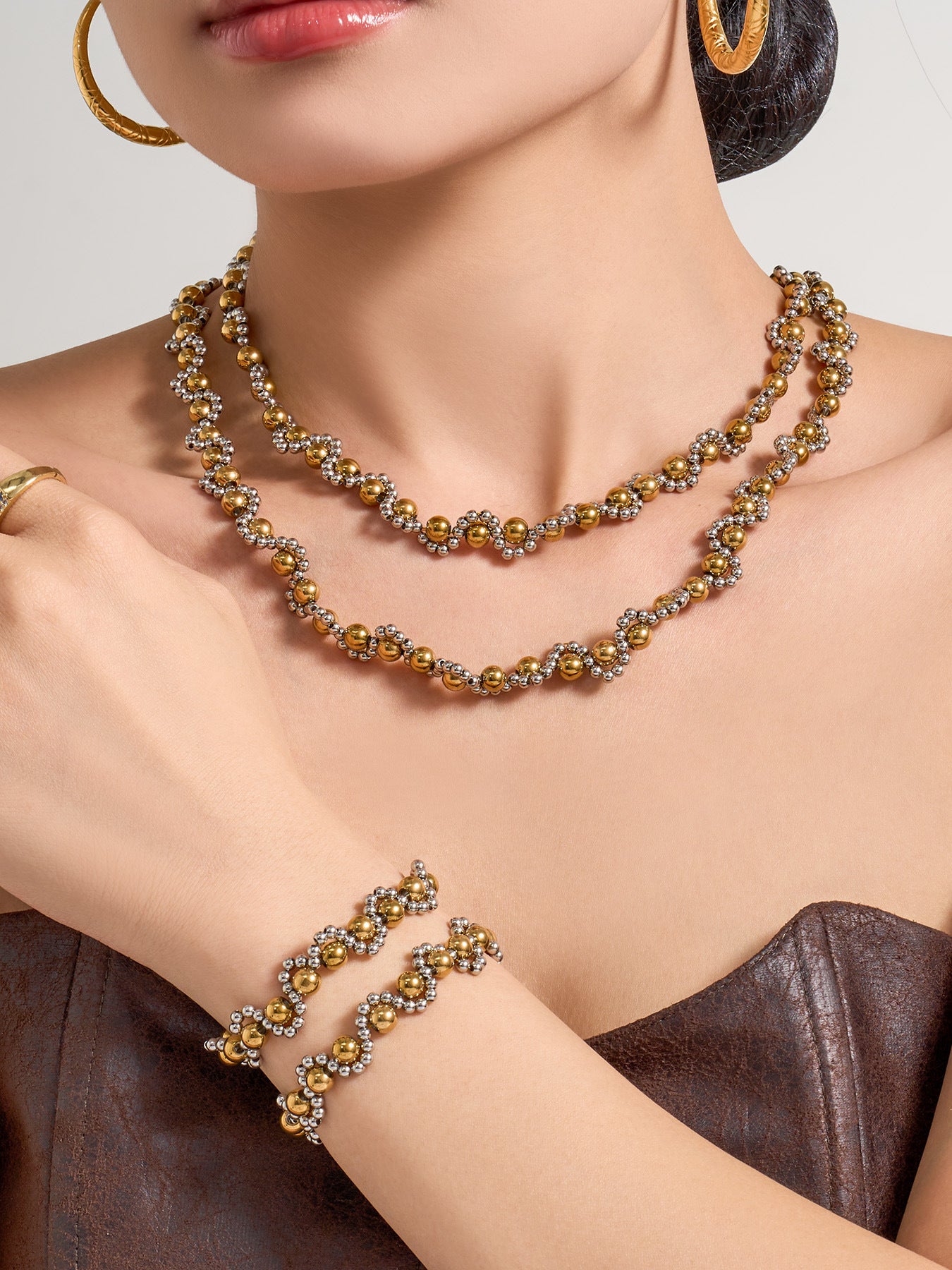 316L Stainless Steel 18K Gold PVD Vintage Mixed Metal Beaded Chain Bracelet Necklace - Vintage Mixed Metal Beaded Chain Wholesale Stainless Steel Jewelry - Sensitive Skin Friendly - Detail 1