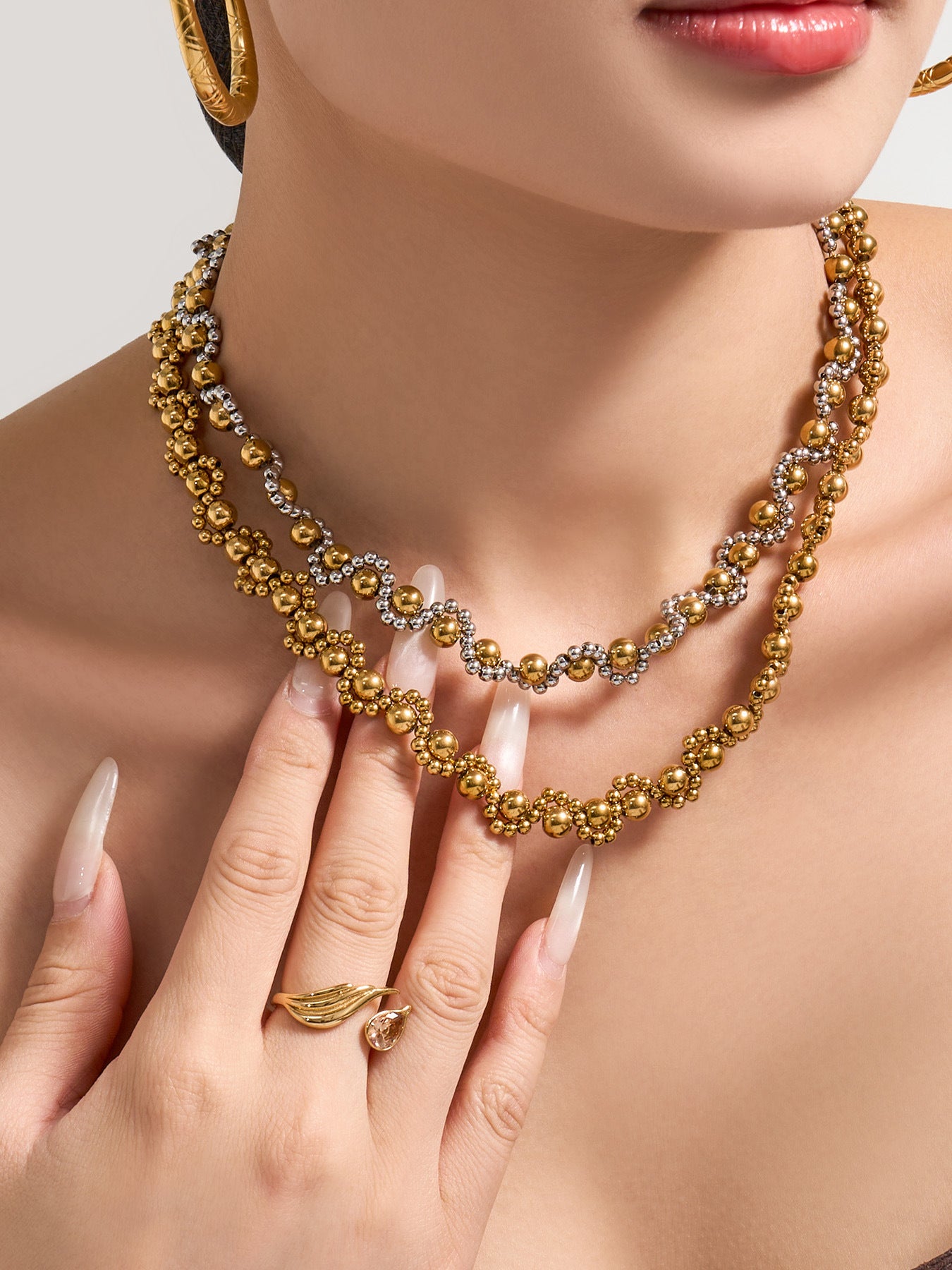 316L Stainless Steel 18K Gold PVD Vintage Mixed Metal Beaded Chain Bracelet Necklace - Vintage Mixed Metal Beaded Chain Wholesale Stainless Steel Jewelry - Sensitive Skin Friendly - Detail 10