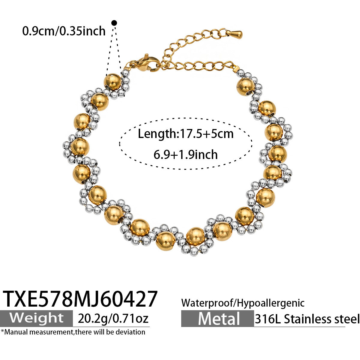 316L Stainless Steel 18K Gold PVD Vintage Mixed Metal Beaded Chain Bracelet Necklace - Vintage Mixed Metal Beaded Chain Wholesale Stainless Steel Jewelry - Sensitive Skin Friendly - Detail 12