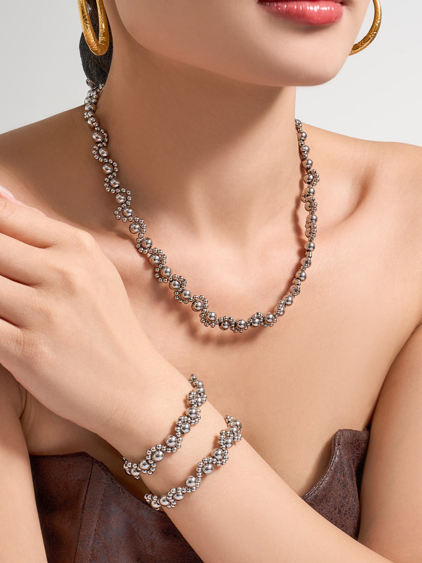 316L Stainless Steel 18K Gold PVD Vintage Mixed Metal Beaded Chain Bracelet Necklace - Vintage Mixed Metal Beaded Chain Wholesale Stainless Steel Jewelry - Sensitive Skin Friendly - Detail 14