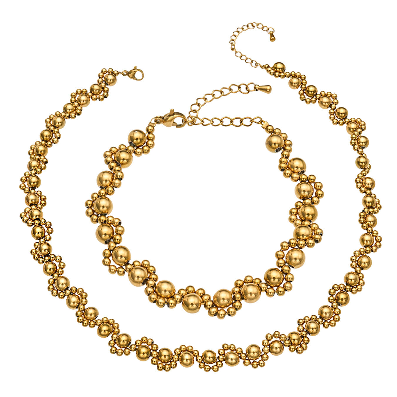 316L Stainless Steel 18K Gold PVD Vintage Mixed Metal Beaded Chain Bracelet Necklace - Vintage Mixed Metal Beaded Chain Wholesale Stainless Steel Jewelry - Sensitive Skin Friendly - Detail 15