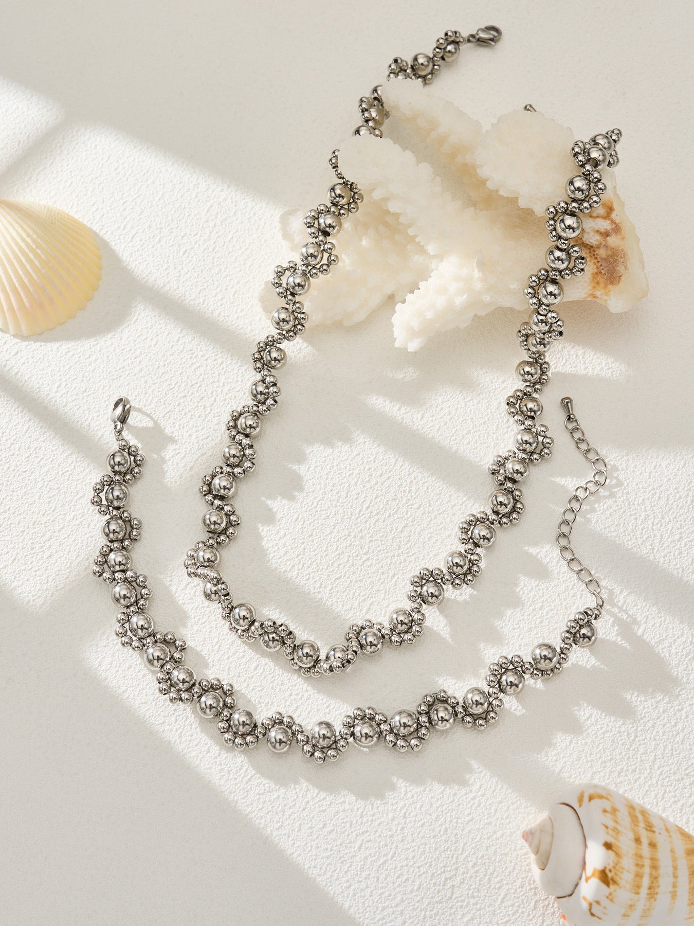 316L Stainless Steel 18K Gold PVD Vintage Mixed Metal Beaded Chain Bracelet Necklace - Vintage Mixed Metal Beaded Chain Wholesale Stainless Steel Jewelry - Sensitive Skin Friendly - Detail 2
