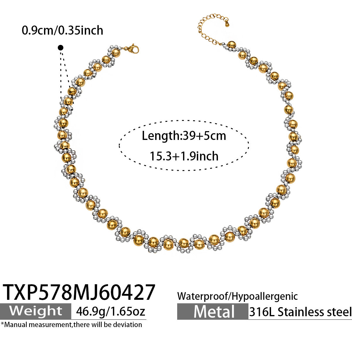 316L Stainless Steel 18K Gold PVD Vintage Mixed Metal Beaded Chain Bracelet Necklace - Vintage Mixed Metal Beaded Chain Wholesale Stainless Steel Jewelry - Sensitive Skin Friendly - Detail 21