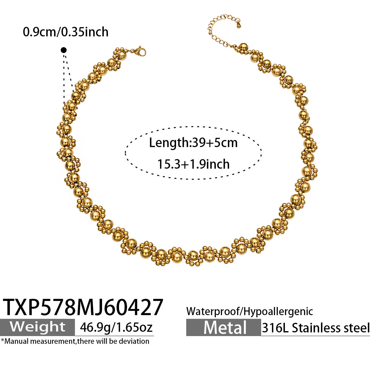 316L Stainless Steel 18K Gold PVD Vintage Mixed Metal Beaded Chain Bracelet Necklace - Vintage Mixed Metal Beaded Chain Wholesale Stainless Steel Jewelry - Sensitive Skin Friendly - Detail 22