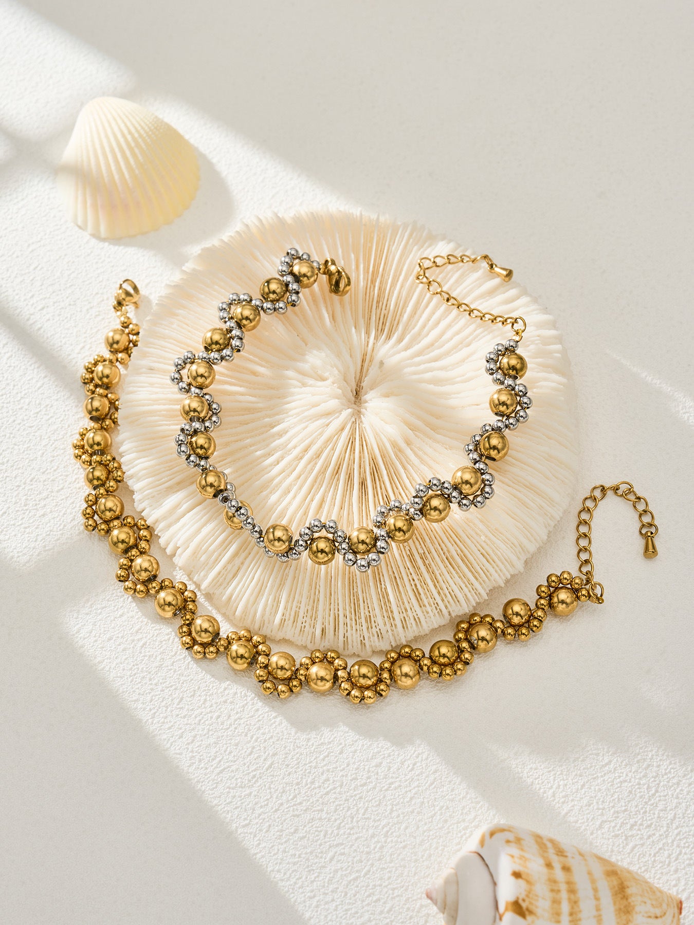 316L Stainless Steel 18K Gold PVD Vintage Mixed Metal Beaded Chain Bracelet Necklace - Vintage Mixed Metal Beaded Chain Wholesale Stainless Steel Jewelry - Sensitive Skin Friendly - Detail 3