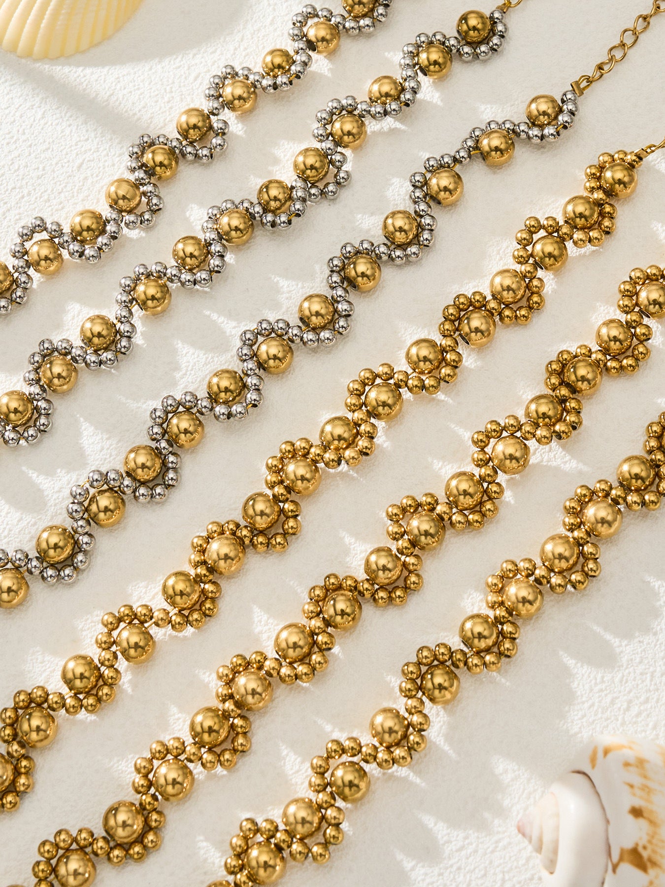 316L Stainless Steel 18K Gold PVD Vintage Mixed Metal Beaded Chain Bracelet Necklace - Vintage Mixed Metal Beaded Chain Wholesale Stainless Steel Jewelry - Sensitive Skin Friendly - Detail 5
