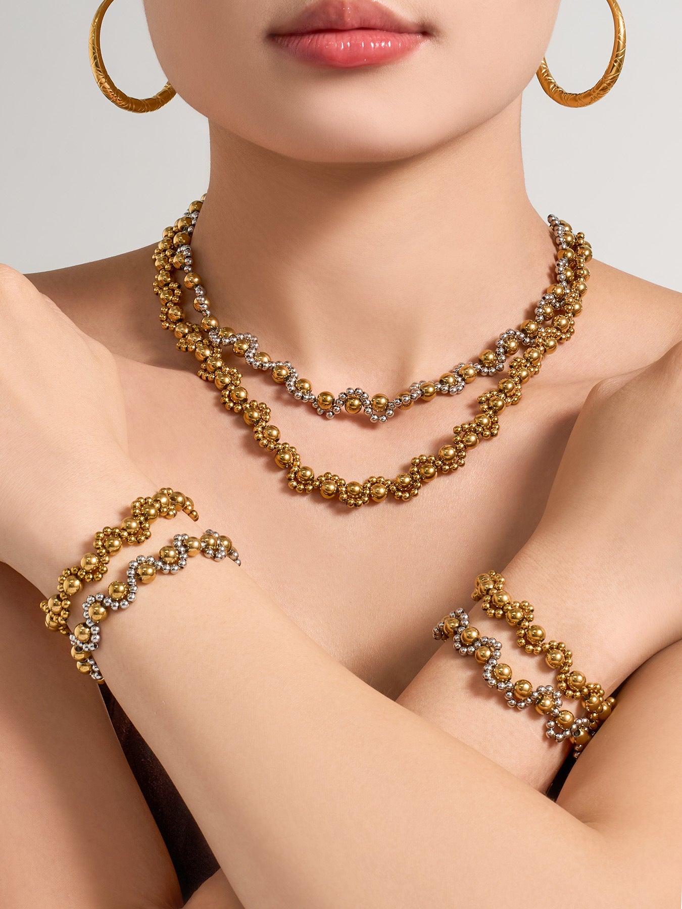 316L Stainless Steel 18K Gold PVD Vintage Mixed Metal Beaded Chain Bracelet Necklace - Vintage Mixed Metal Beaded Chain Wholesale Stainless Steel Jewelry - Sensitive Skin Friendly - Detail 6