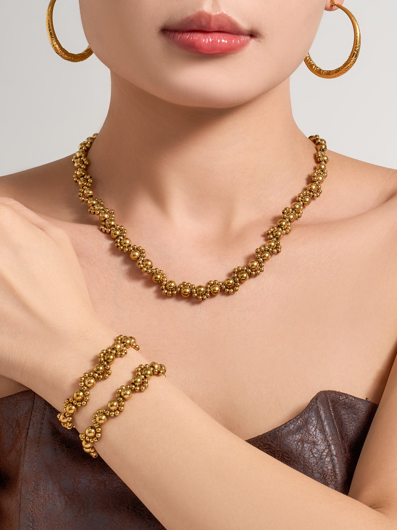 316L Stainless Steel 18K Gold PVD Vintage Mixed Metal Beaded Chain Bracelet Necklace - Vintage Mixed Metal Beaded Chain Wholesale Stainless Steel Jewelry - Sensitive Skin Friendly - Detail 7
