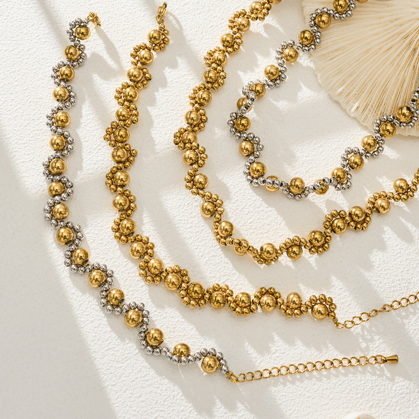 316L Stainless Steel 18K Gold PVD Vintage Mixed Metal Beaded Chain Bracelet Necklace - Vintage Mixed Metal Beaded Chain Wholesale Stainless Steel Jewelry - Sensitive Skin Friendly - Detail 8