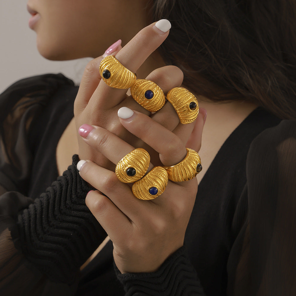 316L Stainless Steel 18K Gold PVD Vintage Multi-Layer Textured Ring - Vintage Multi-Layer Textured Ring Black Drip Oil Tiger Eye Stone Blue Drip Oil Wholesale Stainless Steel Jewelry - Sensitive Skin Friendly - Detail 10