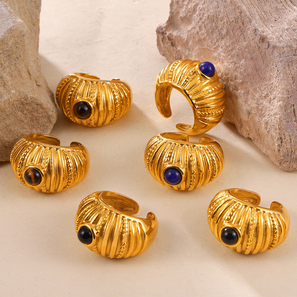 316L Stainless Steel 18K Gold PVD Vintage Multi-Layer Textured Ring - Vintage Multi-Layer Textured Ring Black Drip Oil Tiger Eye Stone Blue Drip Oil Wholesale Stainless Steel Jewelry - Sensitive Skin Friendly - Detail 11