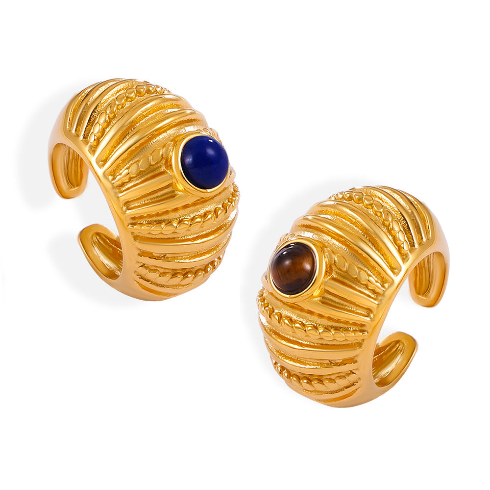 316L Stainless Steel 18K Gold PVD Vintage Multi-Layer Textured Ring - Vintage Multi-Layer Textured Ring Black Drip Oil Tiger Eye Stone Blue Drip Oil Wholesale Stainless Steel Jewelry - Sensitive Skin Friendly - Detail 12