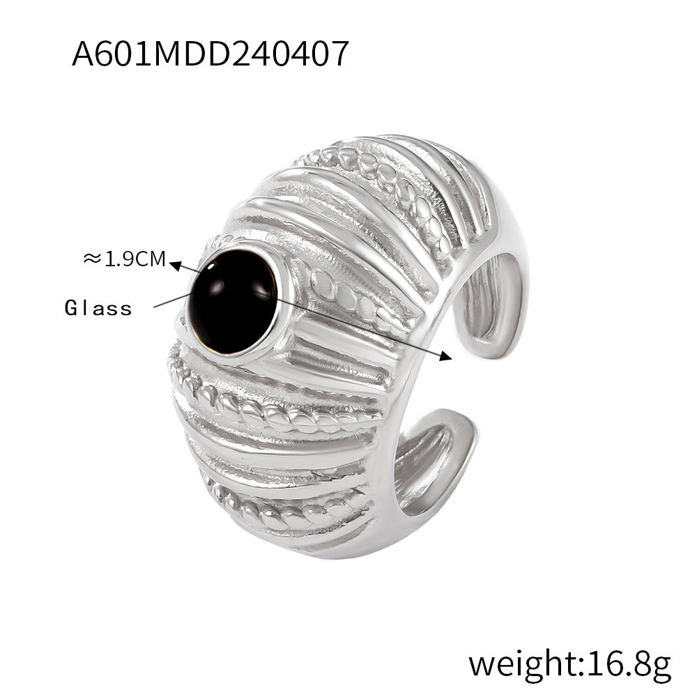 316L Stainless Steel 18K Gold PVD Vintage Multi-Layer Textured Ring - Vintage Multi-Layer Textured Ring Black Drip Oil Tiger Eye Stone Blue Drip Oil Wholesale Stainless Steel Jewelry - Sensitive Skin Friendly - Detail 14