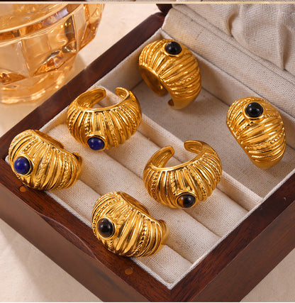 316L Stainless Steel 18K Gold PVD Vintage Multi-Layer Textured Ring - Vintage Multi-Layer Textured Ring Black Drip Oil Tiger Eye Stone Blue Drip Oil Wholesale Stainless Steel Jewelry - Sensitive Skin Friendly - Detail 2
