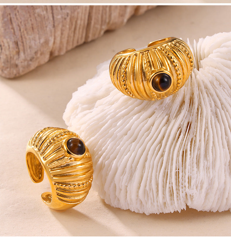 316L Stainless Steel 18K Gold PVD Vintage Multi-Layer Textured Ring - Vintage Multi-Layer Textured Ring Black Drip Oil Tiger Eye Stone Blue Drip Oil Wholesale Stainless Steel Jewelry - Sensitive Skin Friendly - Detail 3