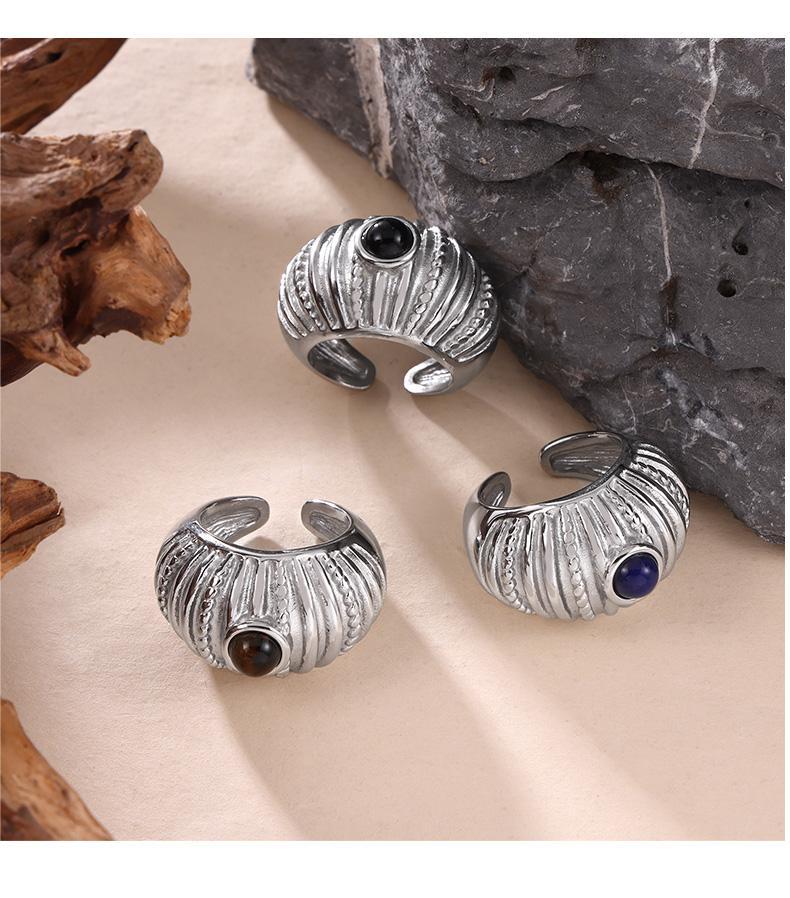 316L Stainless Steel 18K Gold PVD Vintage Multi-Layer Textured Ring - Vintage Multi-Layer Textured Ring Black Drip Oil Tiger Eye Stone Blue Drip Oil Wholesale Stainless Steel Jewelry - Sensitive Skin Friendly - Detail 4
