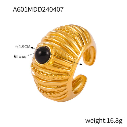 316L Stainless Steel 18K Gold PVD Vintage Multi-Layer Textured Ring - Vintage Multi-Layer Textured Ring Black Drip Oil Tiger Eye Stone Blue Drip Oil Wholesale Stainless Steel Jewelry - Sensitive Skin Friendly - Detail 5