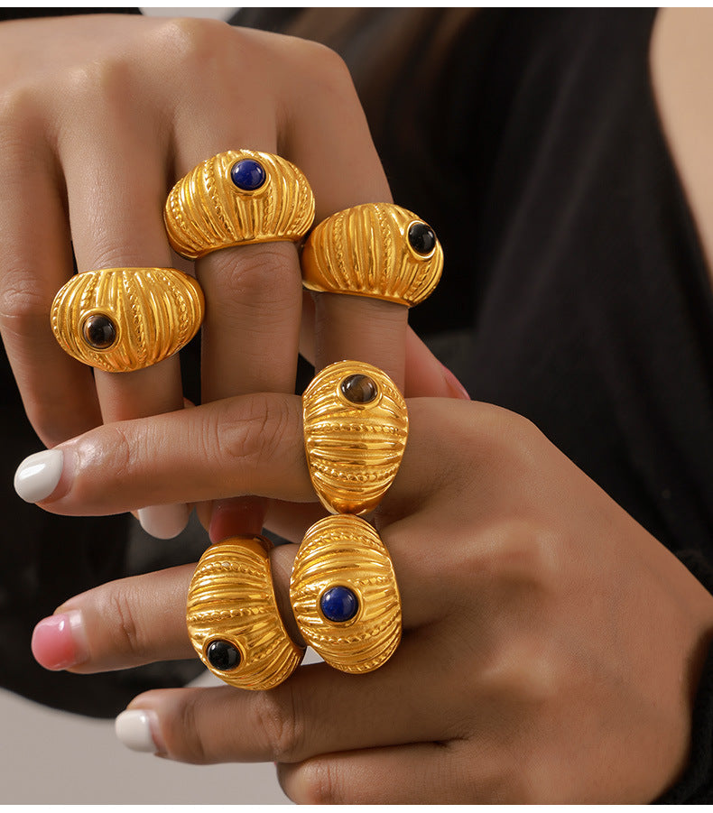 316L Stainless Steel 18K Gold PVD Vintage Multi-Layer Textured Ring - Vintage Multi-Layer Textured Ring Black Drip Oil Tiger Eye Stone Blue Drip Oil Wholesale Stainless Steel Jewelry - Sensitive Skin Friendly - Detail 6