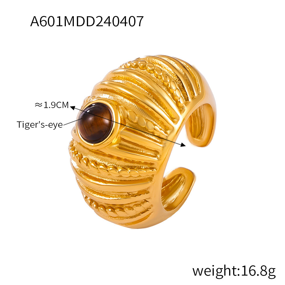 316L Stainless Steel 18K Gold PVD Vintage Multi-Layer Textured Ring - Vintage Multi-Layer Textured Ring Black Drip Oil Tiger Eye Stone Blue Drip Oil Wholesale Stainless Steel Jewelry - Sensitive Skin Friendly - Detail 7