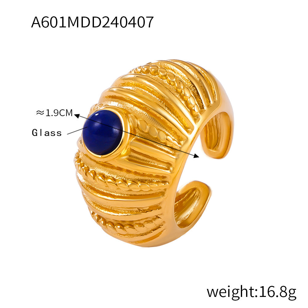 316L Stainless Steel 18K Gold PVD Vintage Multi-Layer Textured Ring - Vintage Multi-Layer Textured Ring Black Drip Oil Tiger Eye Stone Blue Drip Oil Wholesale Stainless Steel Jewelry - Sensitive Skin Friendly - Detail 8