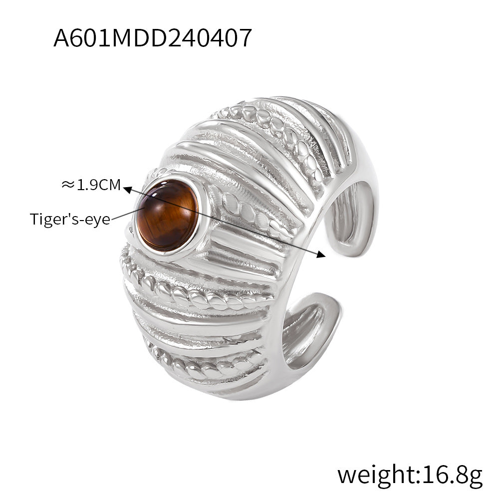 316L Stainless Steel 18K Gold PVD Vintage Multi-Layer Textured Ring - Vintage Multi-Layer Textured Ring Black Drip Oil Tiger Eye Stone Blue Drip Oil Wholesale Stainless Steel Jewelry - Sensitive Skin Friendly - Detail 9