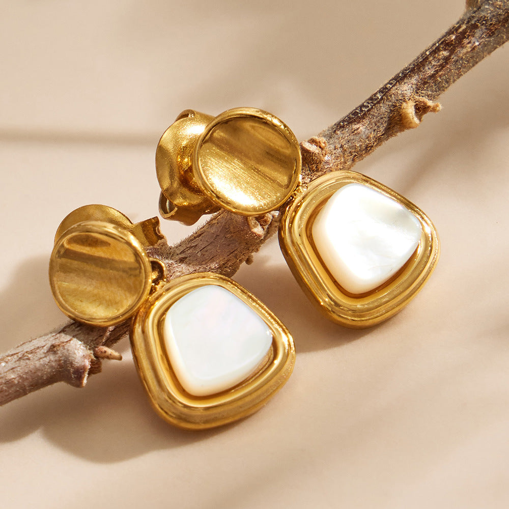 316L Stainless Steel 18K Gold PVD Vintage Natural Mother of Pearl Square Dangle Earrings - Vintage Mother of Pearl Square Dangle Gold Earrings Wholesale Stainless Steel Jewelry - Sensitive Skin Friendly - Detail 10