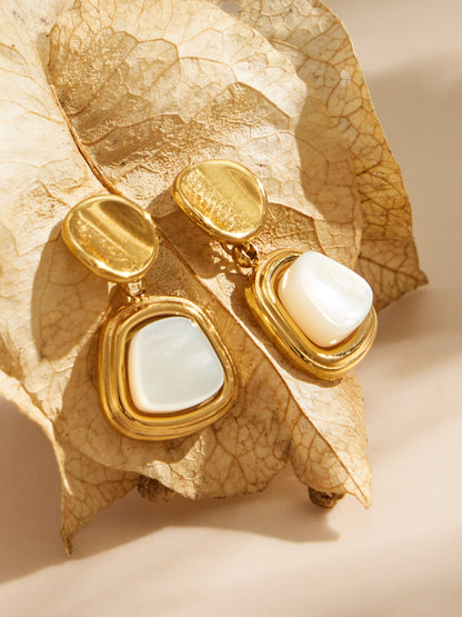 316L Stainless Steel 18K Gold PVD Vintage Natural Mother of Pearl Square Dangle Earrings - Vintage Mother of Pearl Square Dangle Gold Earrings Wholesale Stainless Steel Jewelry - Sensitive Skin Friendly - Detail 6