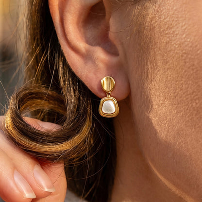 316L Stainless Steel 18K Gold PVD Vintage Natural Mother of Pearl Square Dangle Earrings - Vintage Mother of Pearl Square Dangle Gold Earrings Wholesale Stainless Steel Jewelry - Sensitive Skin Friendly - Detail 8