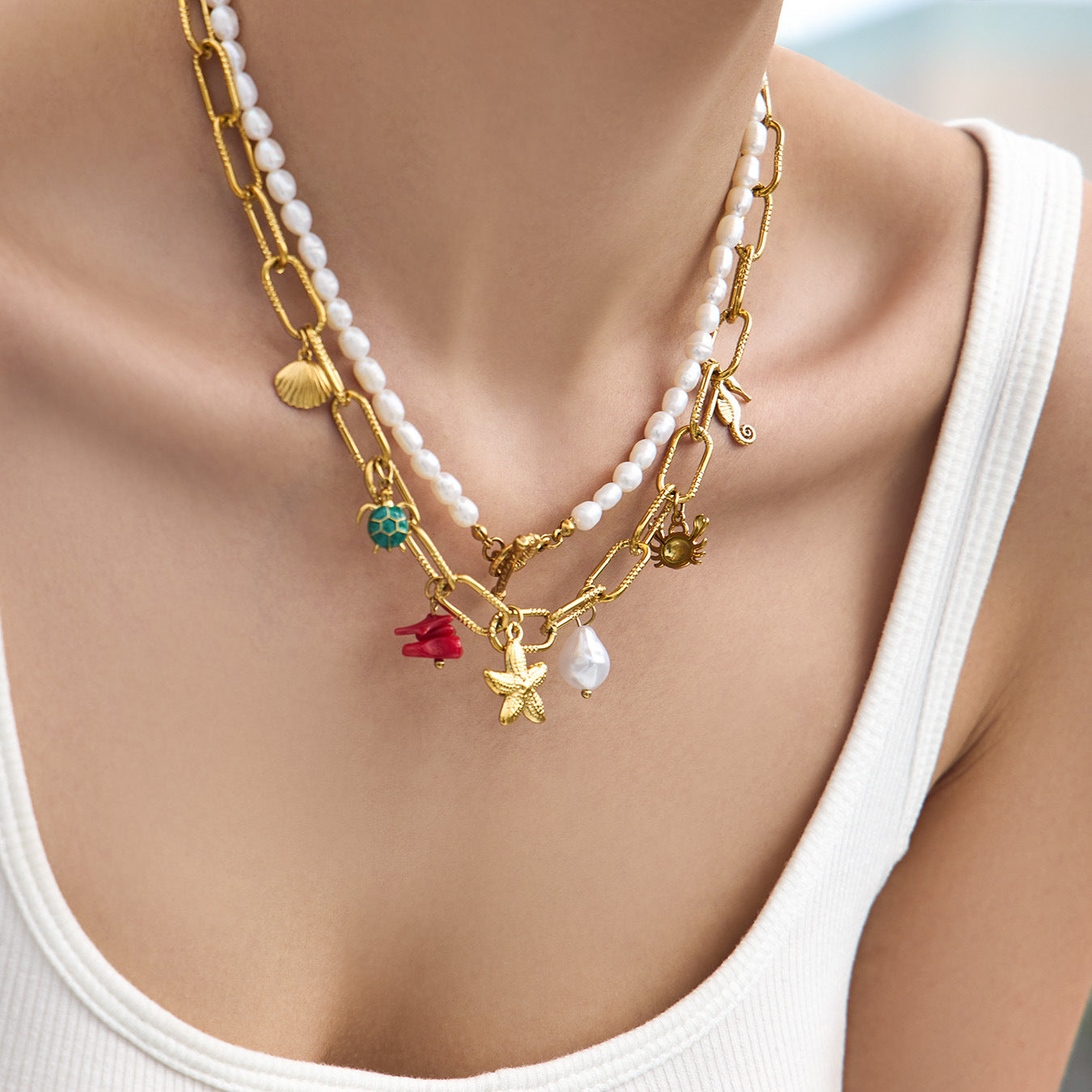 316L Stainless Steel 18K Gold PVD Vintage Ocean Element Necklace - Vintage Ocean Element, Minimalist Design Wholesale Stainless Steel Jewelry - Sensitive Skin Friendly - Detail 10