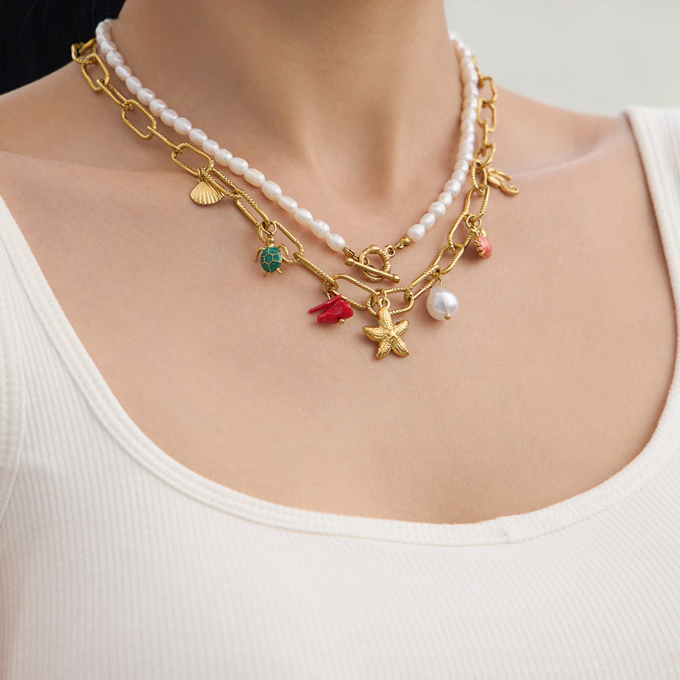 316L Stainless Steel 18K Gold PVD Vintage Ocean Element Necklace - Vintage Ocean Element, Minimalist Design Wholesale Stainless Steel Jewelry - Sensitive Skin Friendly - Detail 14