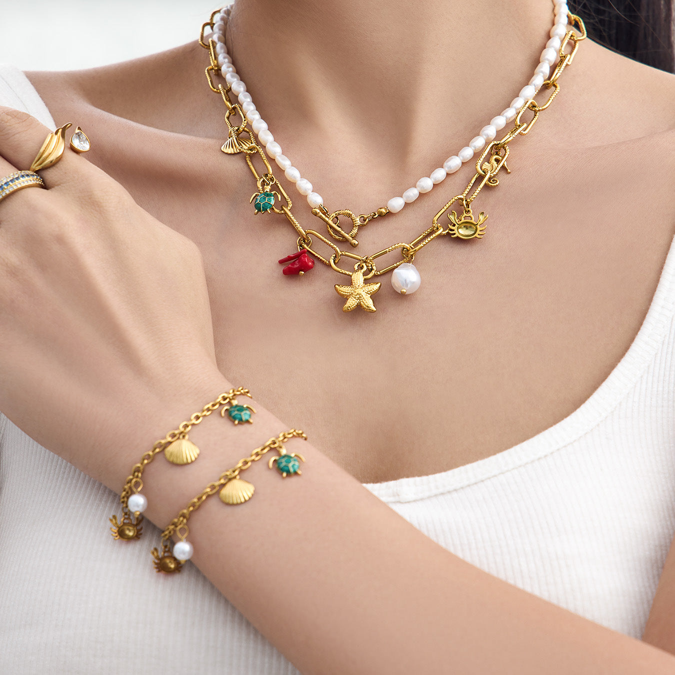 316L Stainless Steel 18K Gold PVD Vintage Ocean Element Necklace - Vintage Ocean Element, Minimalist Design Wholesale Stainless Steel Jewelry - Sensitive Skin Friendly - Detail 2